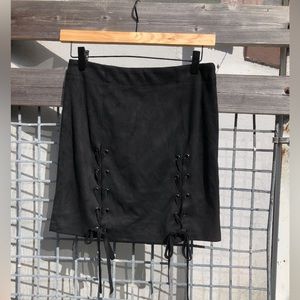 Black faux suede mini skirt w/ lace up detail in front